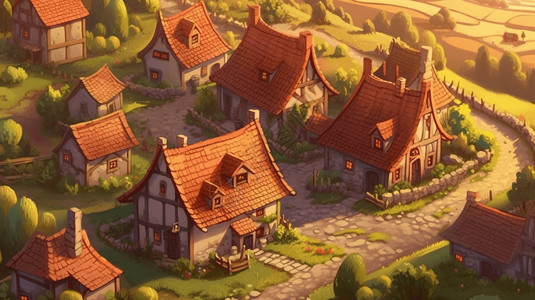 红屋顶日落下的村庄插画