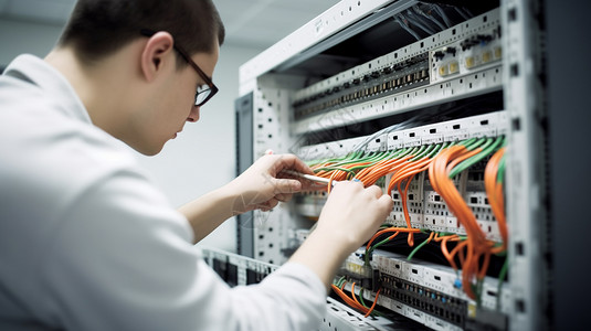 网络技术人员维修光纤设备特写图图片