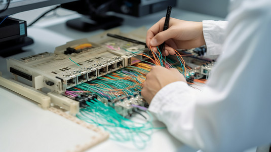 光缆施工网络技术人员维修光纤设备特写背景