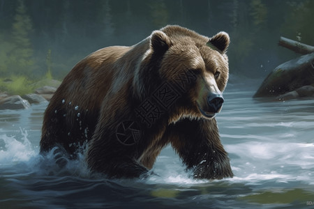 比熊高清素材雄伟的灰熊在水里捕鱼插画