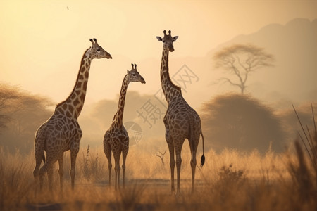 三角形花纹树木草原上的三只长颈鹿背景