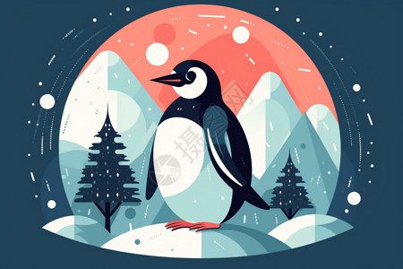 松树上的雪站在雪球上的企鹅插画