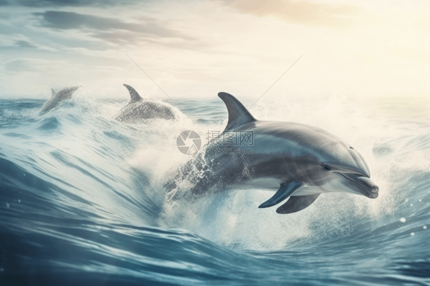 在海洋中跳起的海豚图片