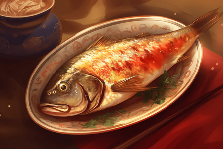 美食盘子里的鱼鱼放在盘子里插画