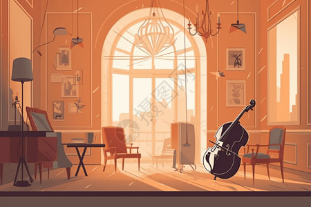 室内钢琴室内的乐器插画