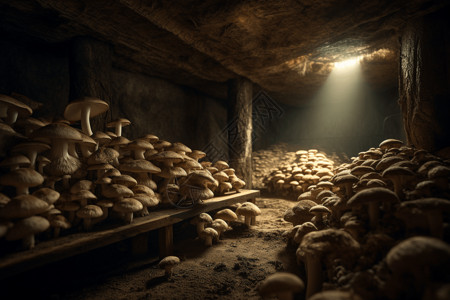 地下漆黑的蘑菇农场地洞高清图片素材
