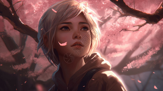 樱花落叶下的女孩背景图片