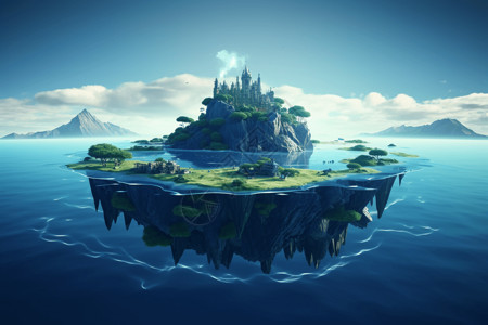 海洋中间的AR浮岛创意插图背景图片