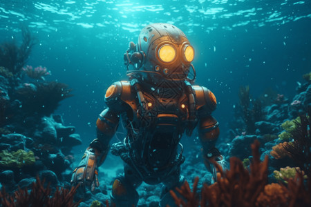 深入海底世界的机器人背景图片