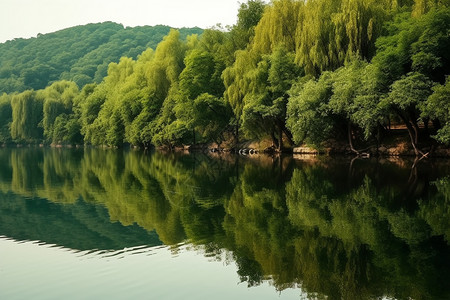 绿树河水倒影图片