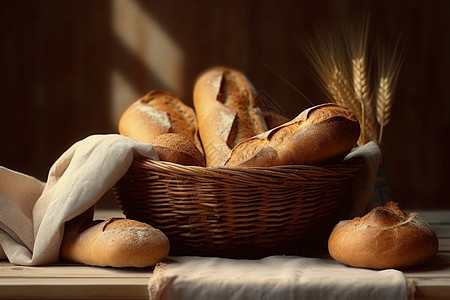 篮子里的法式面包背景图片