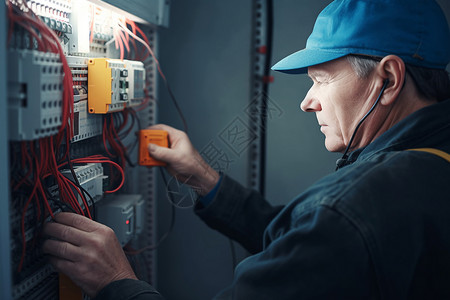 电工技术人员测量配电盘电压高清图片