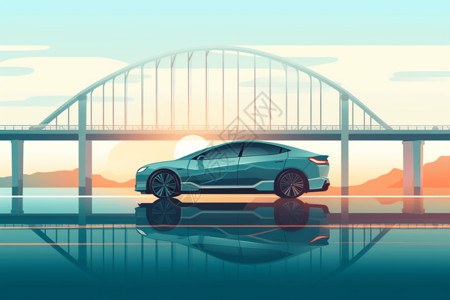 桥上的汽车在桥上行驶的新能源汽车插画