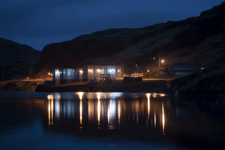 夜间河岸边的工厂高清图片
