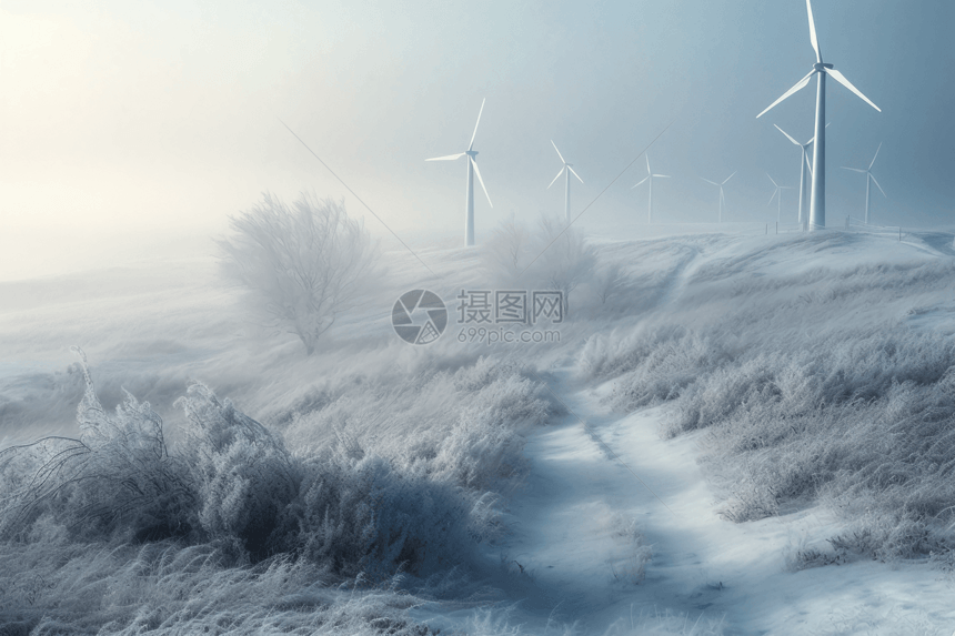 白雪皑皑的风车景观图片