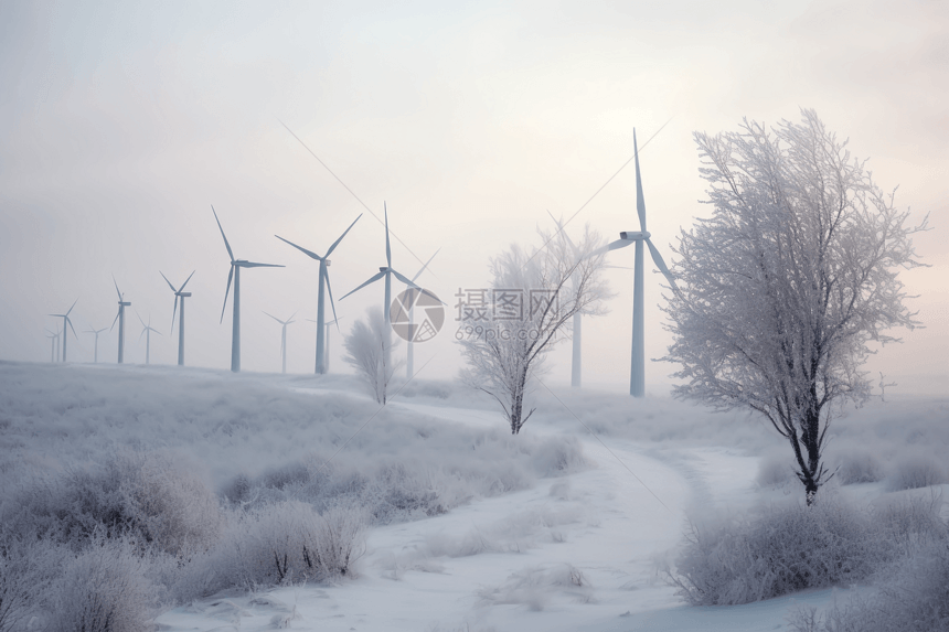 雪地的风力涡轮机图片
