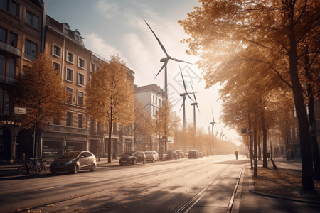 汉街街景街道旁的风力涡轮机设计图片
