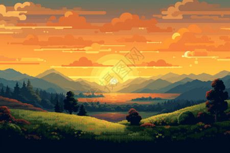 起伏的丘陵和日落的天空背景图片