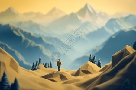 微型人物站在大山上白色高清图片素材