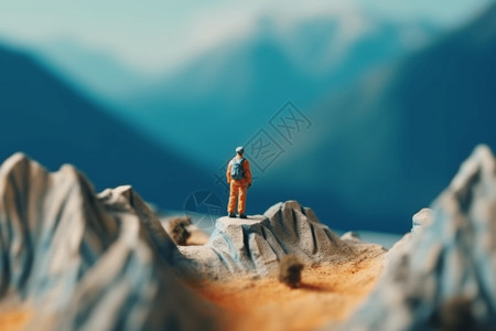 微型人物站在一座大山上立体高清图片素材