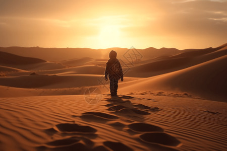 小冒险家在沙漠景观背景图片