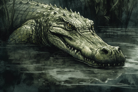 鳄鱼潜伏在阴暗的水中爪子高清图片素材