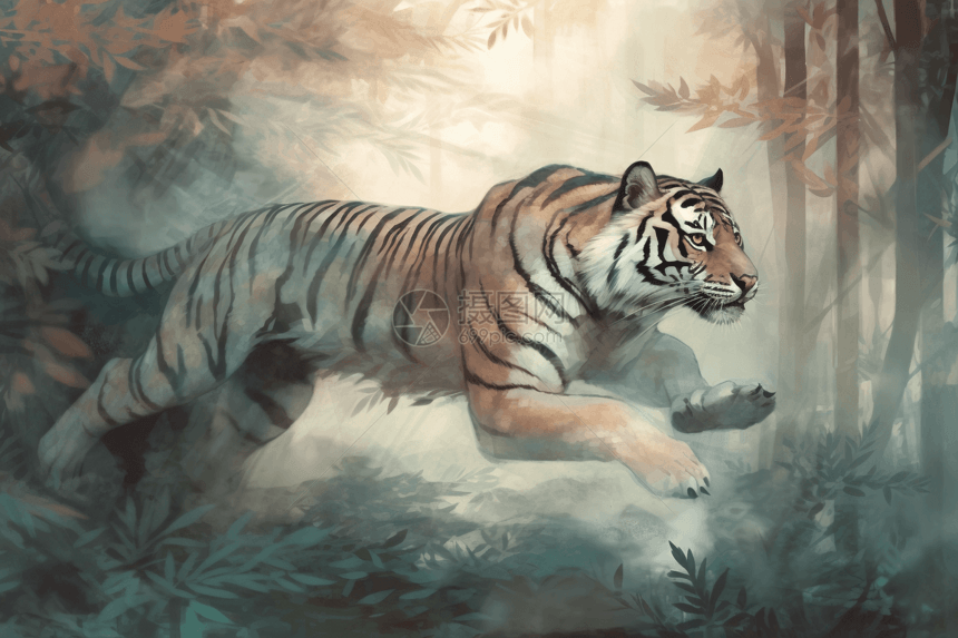 一只老虎在独自穿越森林图片