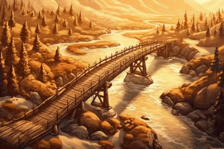 乡村桥梁自然景观平面插图图片