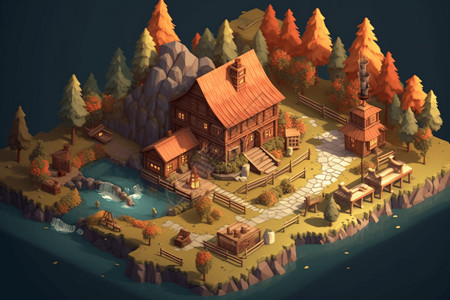 3d环绕素材森林环绕的村庄概念图插画