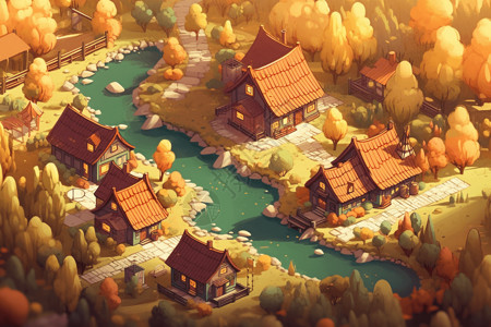 3d环绕素材森林环绕的村庄3D概念图插画