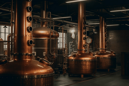 铜蒸馏器和陈酿桶的酿酒厂高清图片