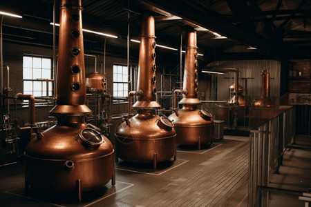 三年陈酿排版带有铜蒸馏器和陈酿桶的酿酒厂背景