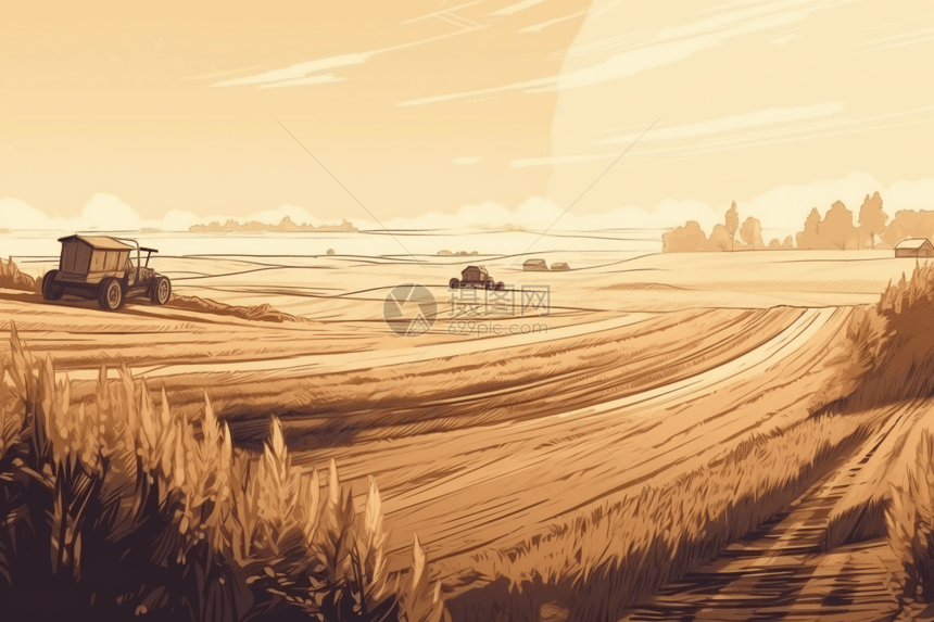 农村脱粒小麦创意插图图片