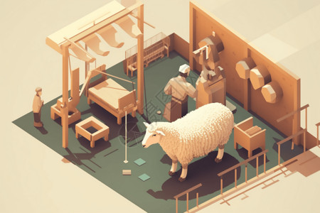 剪羊毛场景的3D插图背景图片
