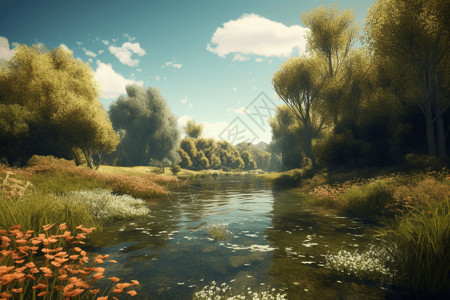 河流风景画美丽乡村河流概念图设计图片