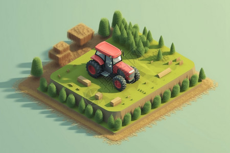 拖拉机耕地农场耕地的3D概念黏土模型设计图片