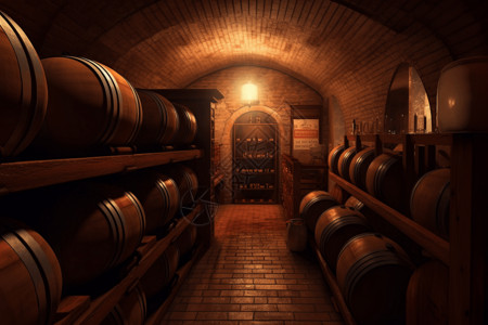 酒厂发酵葡萄酒地下酒窖的3D插图插画
