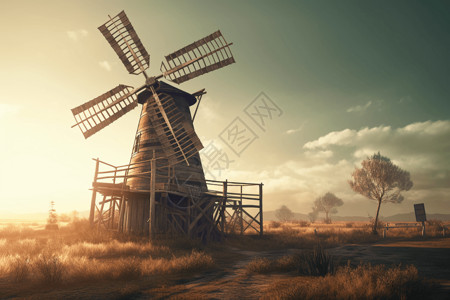 乡村农场风车的3D概念图背景图片