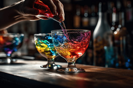 各种颜色的鸡尾酒调酒师将鸡尾酒倒入玻璃杯中插画
