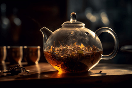 在玻璃茶壶中冲泡茶叶的特写图片
