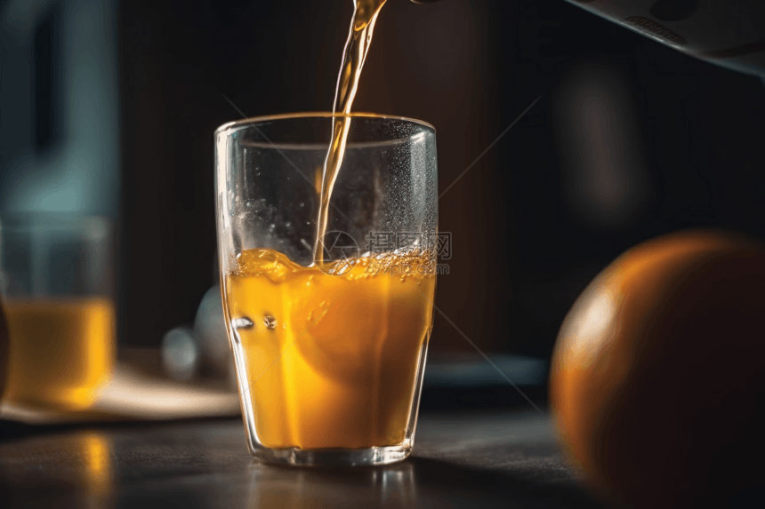 倒入玻璃杯中的清爽橙汁图片