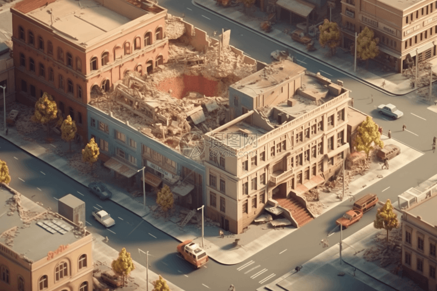 灾难性地震后的城市概念粘土模型图片