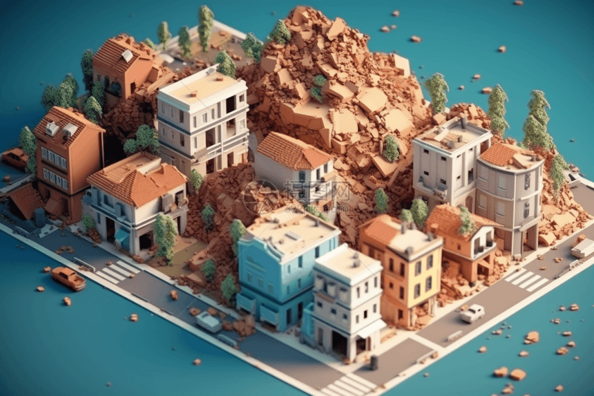 灾难性地震后的城市3D粘土模型图片