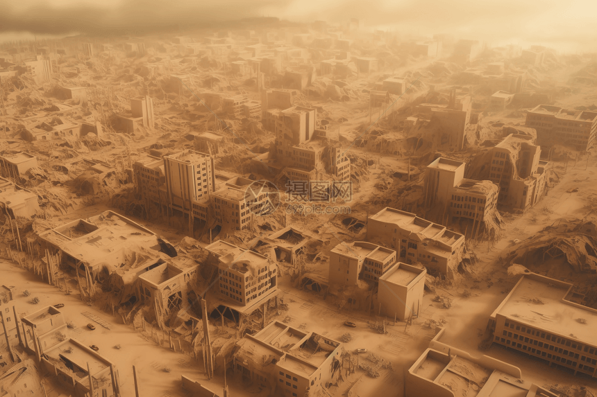 毁灭性沙尘暴后的城市黏土模型图片
