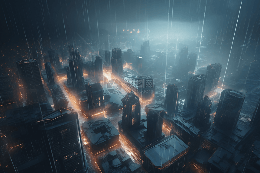 雷暴包围的未来派城市3D概念图图片