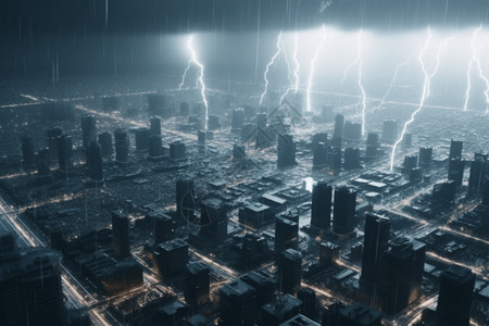 雷暴包围的未来派城市概念图背景图片