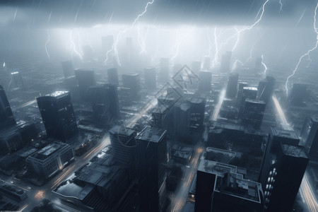 雷暴包围的未来派城市背景图片