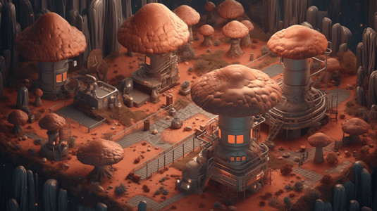 未来派蘑菇农场3D黏土模型图片
