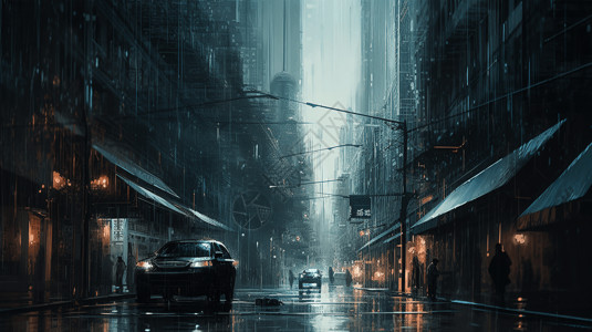 未来城市雨中街景插图背景图片
