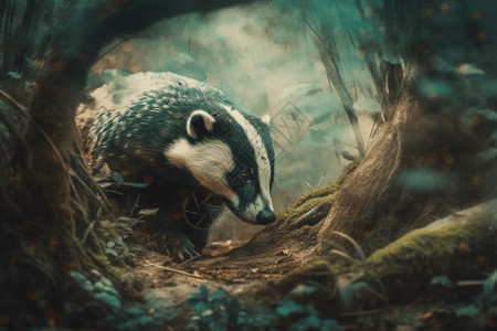 森林中的獾树木洞中走动的高清图片